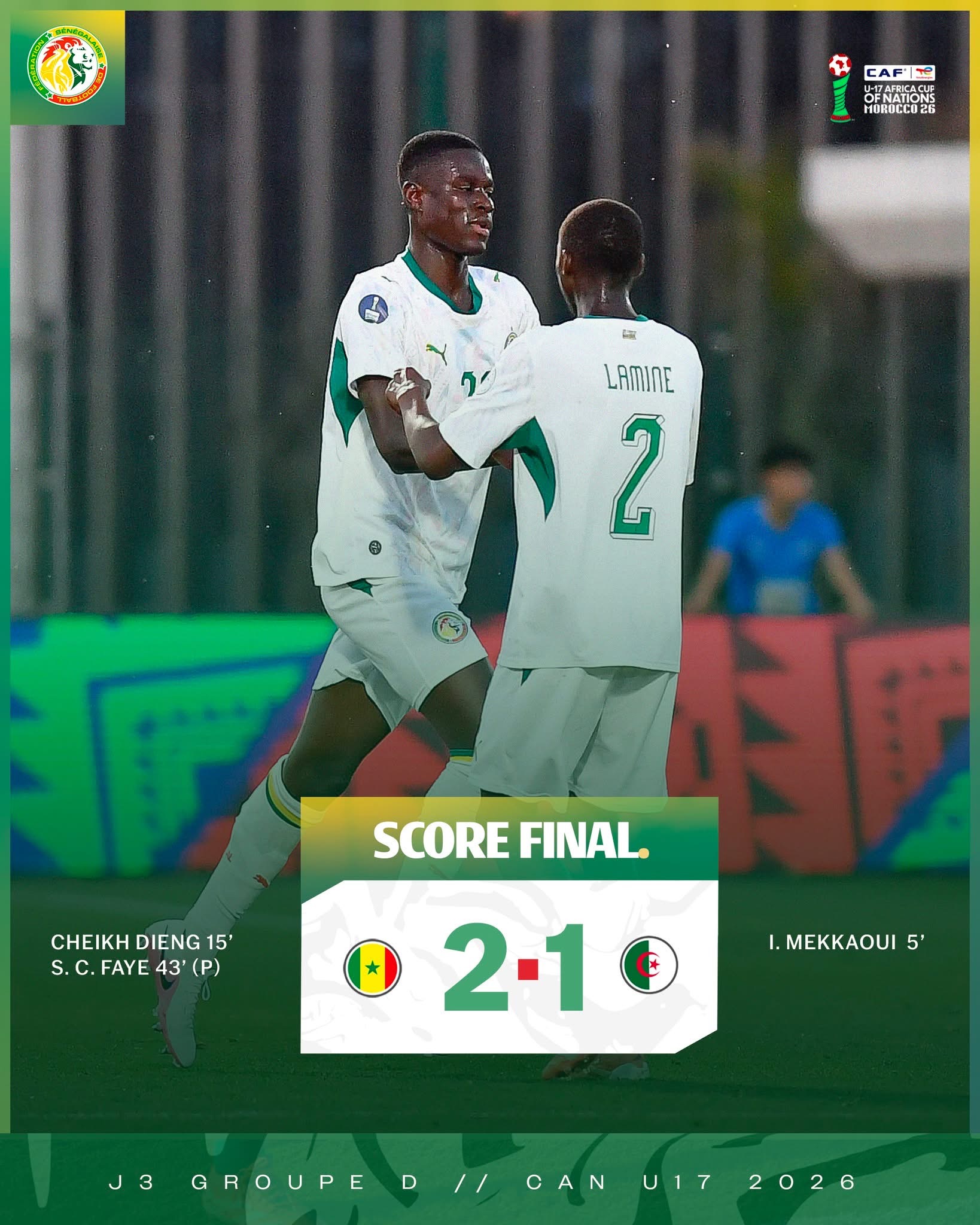 CAN U17 : Le Sénégal s’impose 2-1 face à l&rsquo;Algérie et se qualifie pour les 1/4 de finale